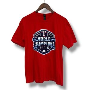 Texas Rangers Unisex 2023 World Champions Graphic T Shirt Red Slim Fit L 19.5x28